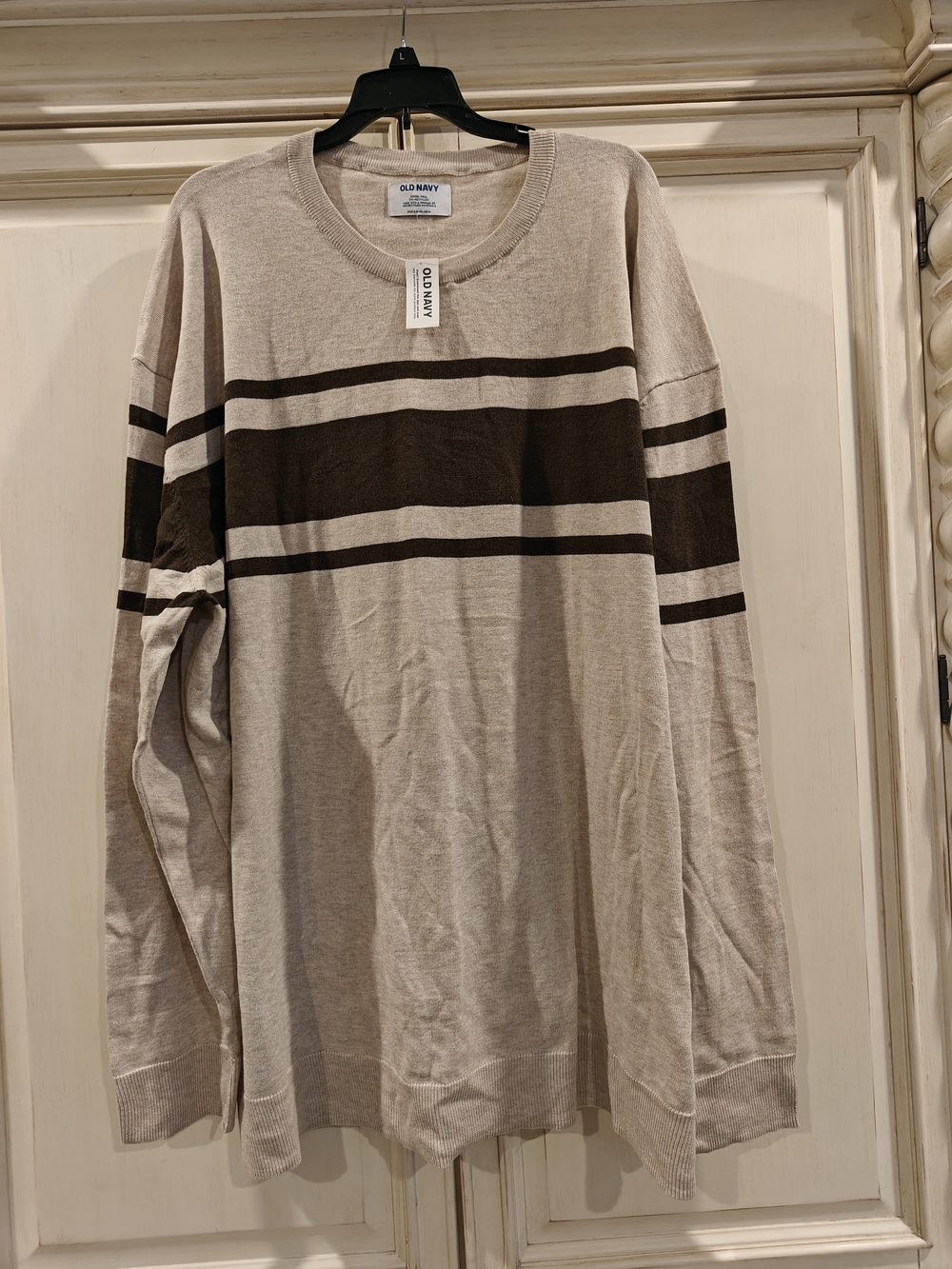 Old Navy Long-Sleeve Crewneck in Beige with Brown Stripes